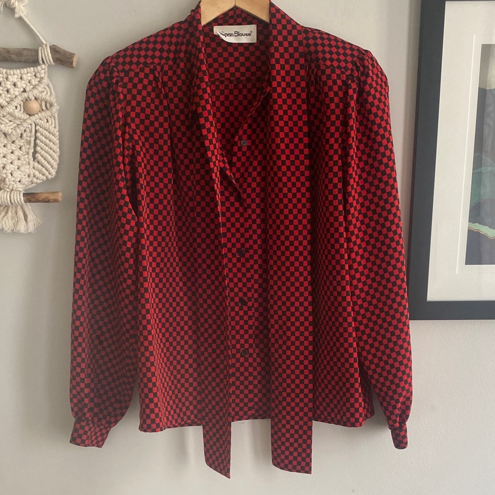 [S] Black and Red Checkerboard Tie Neck Blouse